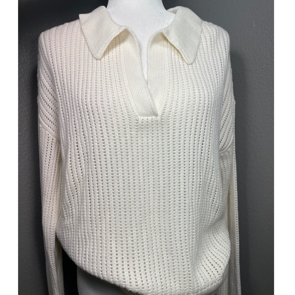 Caslon Womens White Open Stitch Polo Collar Knit Sweater L V-Neck Long Sleeve